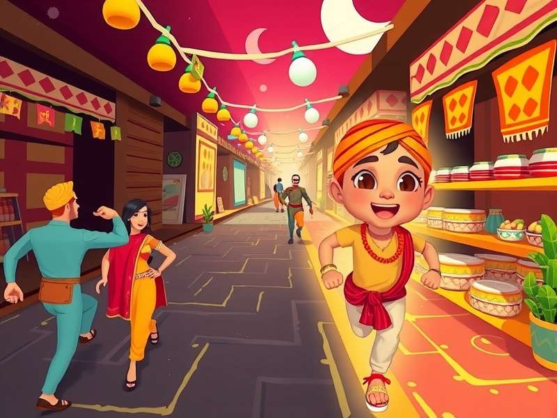 Saffron Sprint game screenshot showing a character running through a colorful Indian market